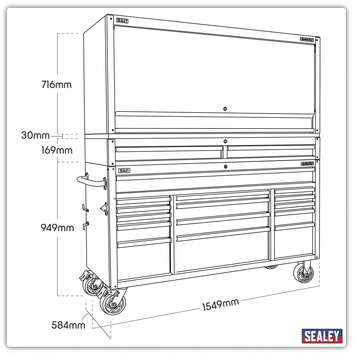 Sealey Superline Pro 15 Drawer 1549mm Mobile Trolley with Wooden Worktop and Hutch and 2 Drawer Riser - Image 12