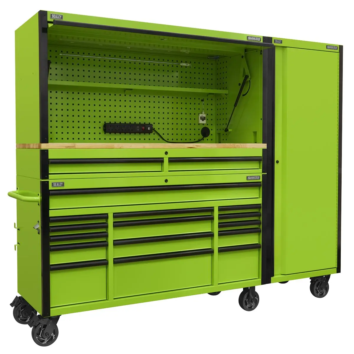Sealey Superline Pro 15 Drawer 1549mm Mobile Trolley with Wooden Worktop, Hutch, 2 Drawer Riser & Side Locker - Image 3