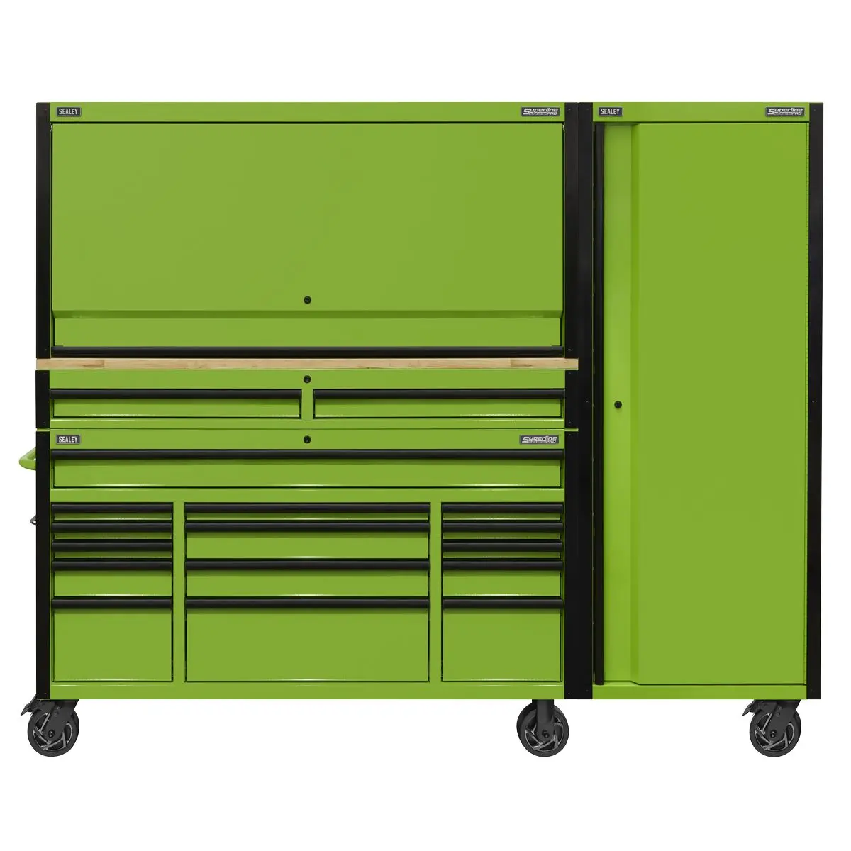 Sealey Superline Pro 15 Drawer 1549mm Mobile Trolley with Wooden Worktop, Hutch, 2 Drawer Riser & Side Locker - Image 4