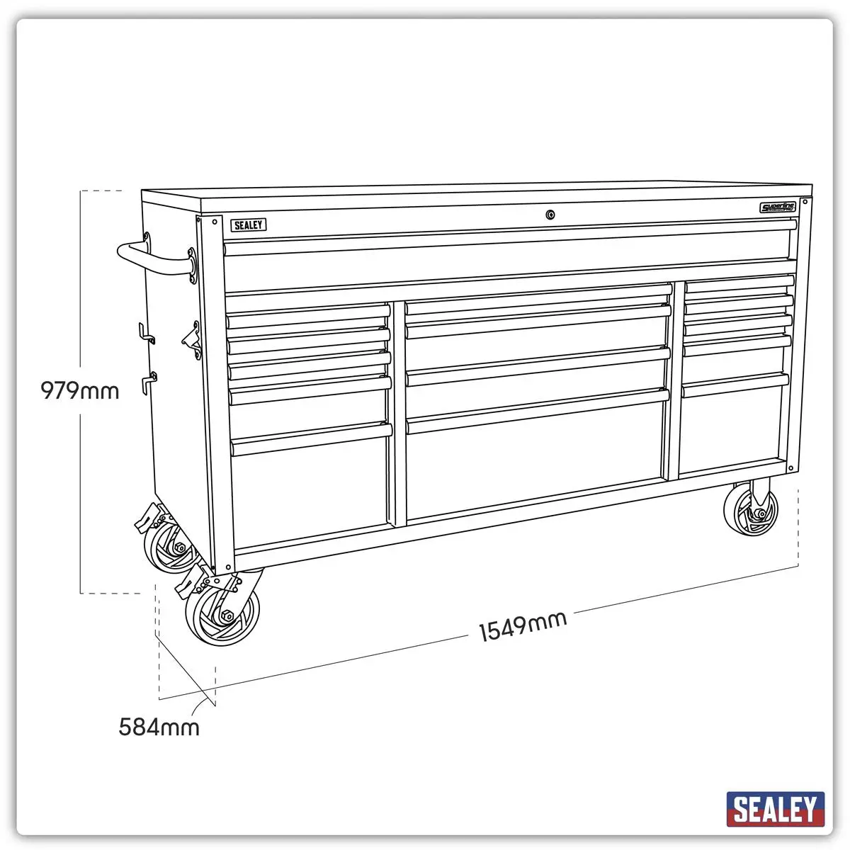 Sealey Superline Pro 15 Drawer Mobile Trolley with Wooden Worktop 1549mm - Image 14