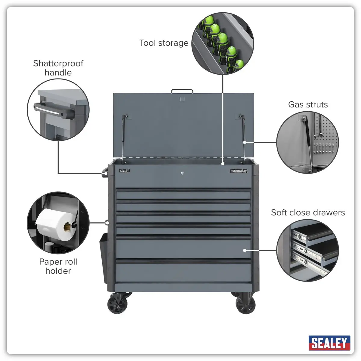 Sealey Superline Pro Tool Trolley 6 Drawer - Grey - Image 10