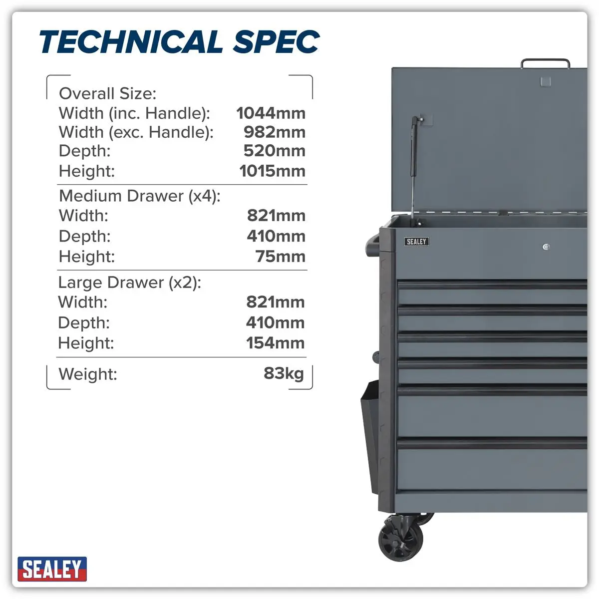 Sealey Superline Pro Tool Trolley 6 Drawer - Grey - Image 13