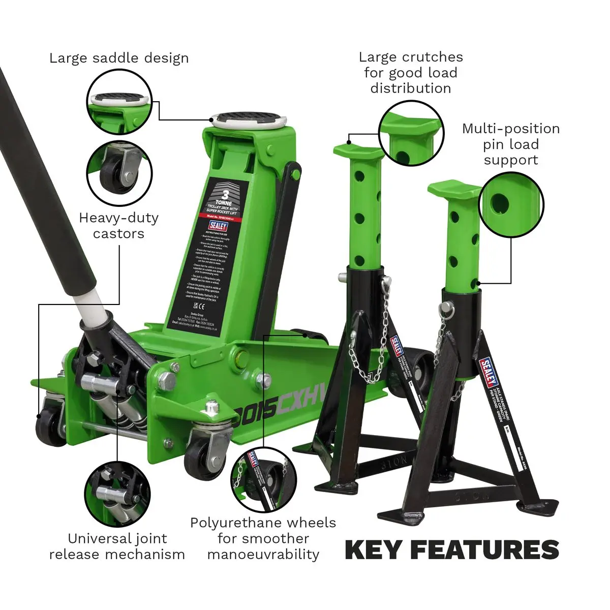 Sealey Trolley Jack with Super Rocket Lift 3 Tonne & Axle Stands (Pair) 3 Tonne Capacity per Stand - Green - Image 2
