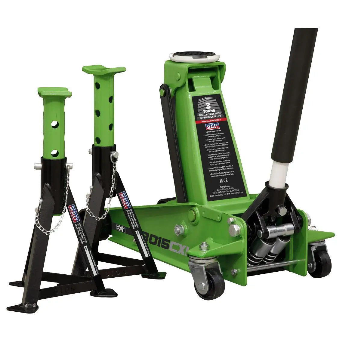 Sealey Trolley Jack with Super Rocket Lift 3 Tonne & Axle Stands (Pair) 3 Tonne Capacity per Stand - Green - Image 3