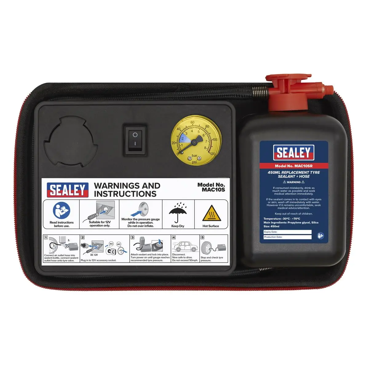 Sealey Tyre Inflator 12V & Emergency Puncture Sealant Kit - Image 9