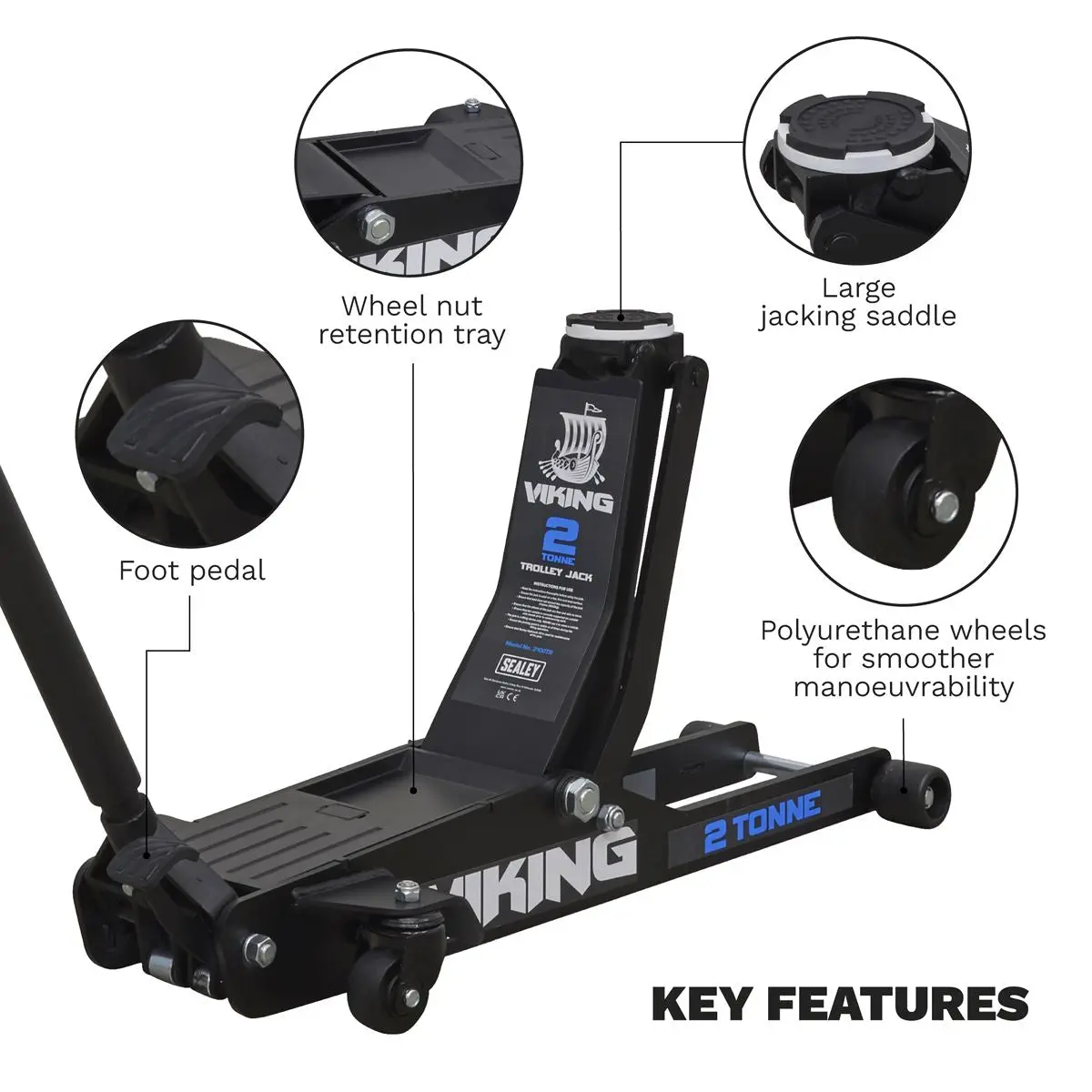 Sealey Viking 2 Tonne Low Entry Long Reach Trolley Jack with Rocket Lift - Image 5