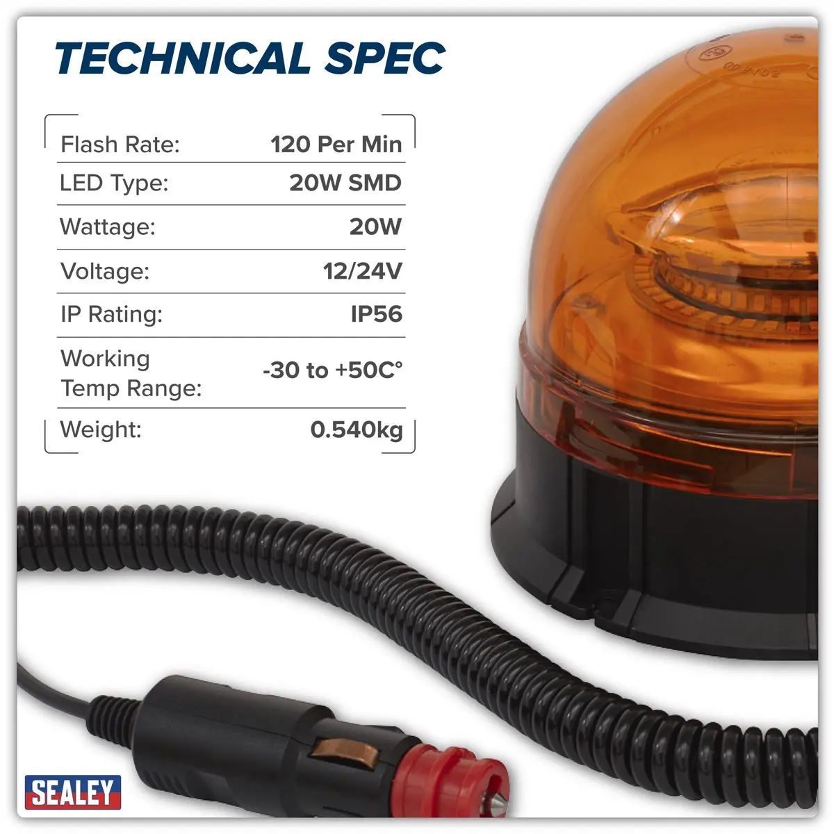 Sealey Warning Beacon 20W SMD LED 12/24V Magnetic Base - Image 2