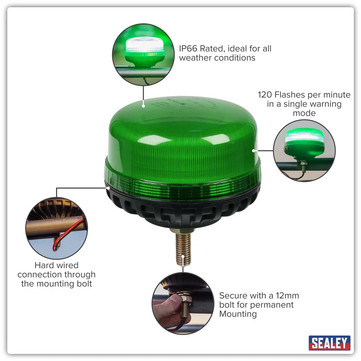 Sealey Warning Beacon SMD LED 12/24V 12mm Bolt Fixing - Green - Image 11