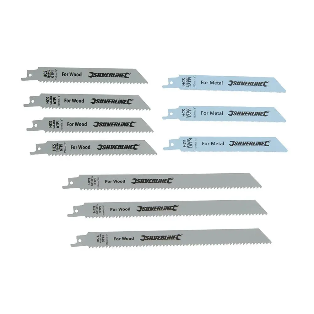 Silverline 10 Pack Recipro Saw Blade Set Sabre Metal Wood 150, 240mm