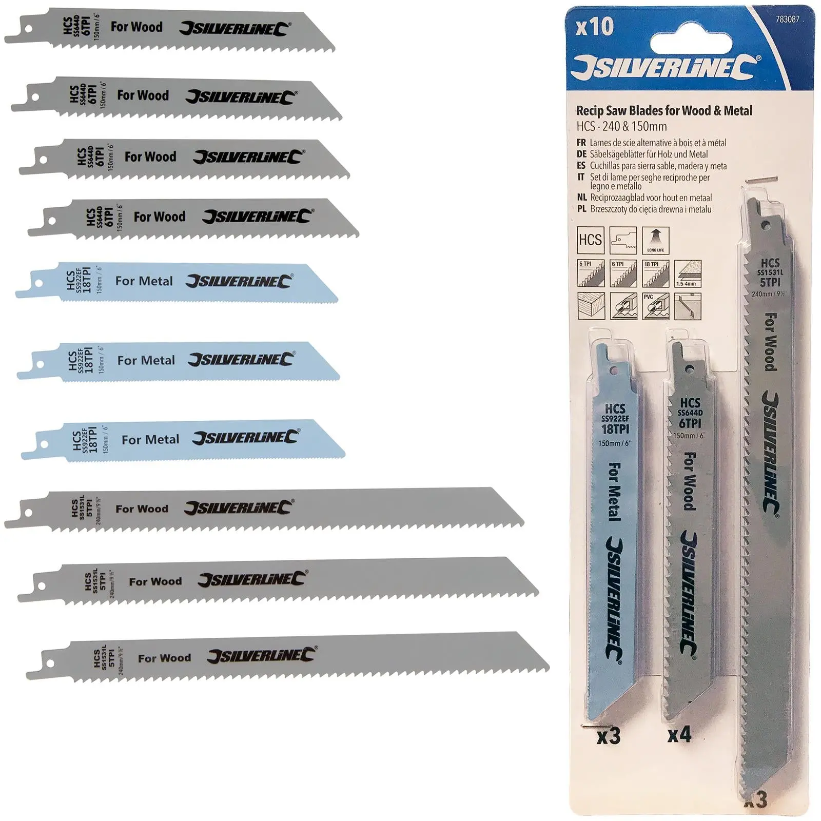 Silverline 10 Pack Recipro Saw Blade Set Sabre Metal Wood 150, 240mm - Image 2