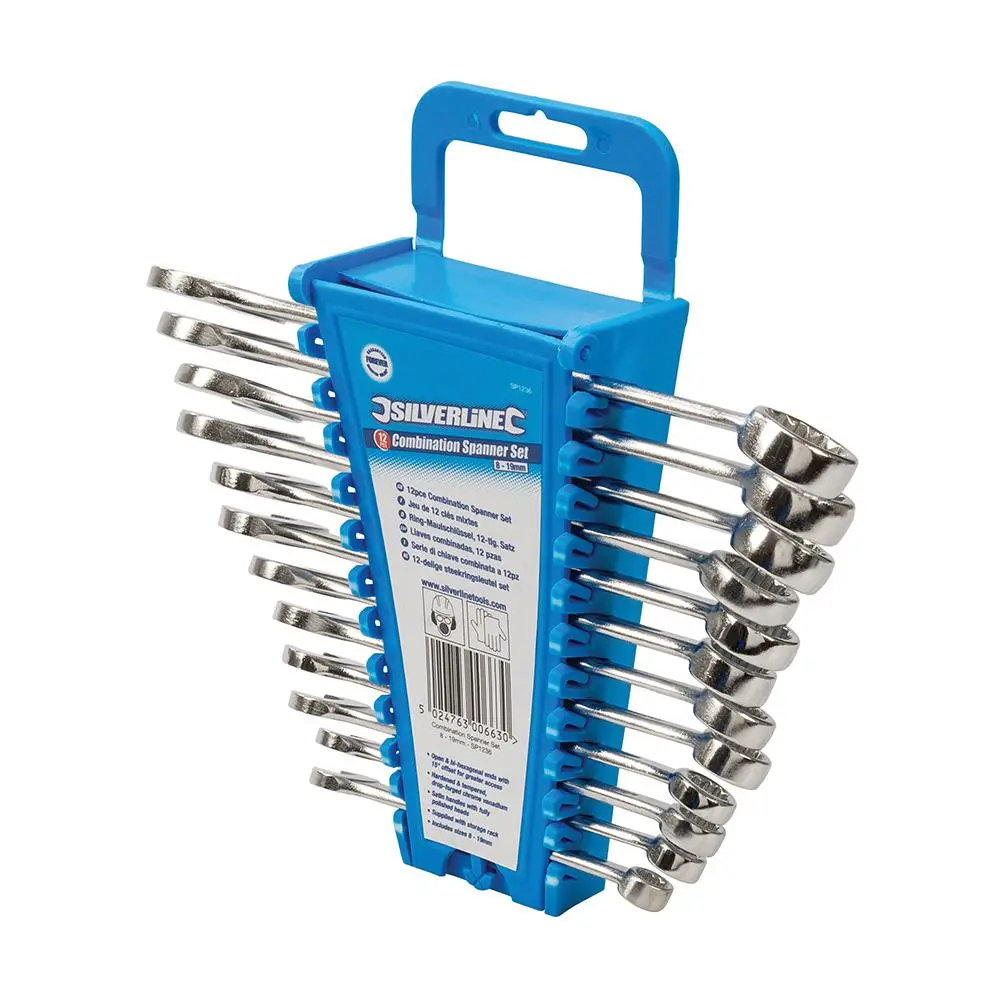 Silverline 12 Piece Combination Spanner Set 8-19mm Open End Hex Storage Rack - Image 12