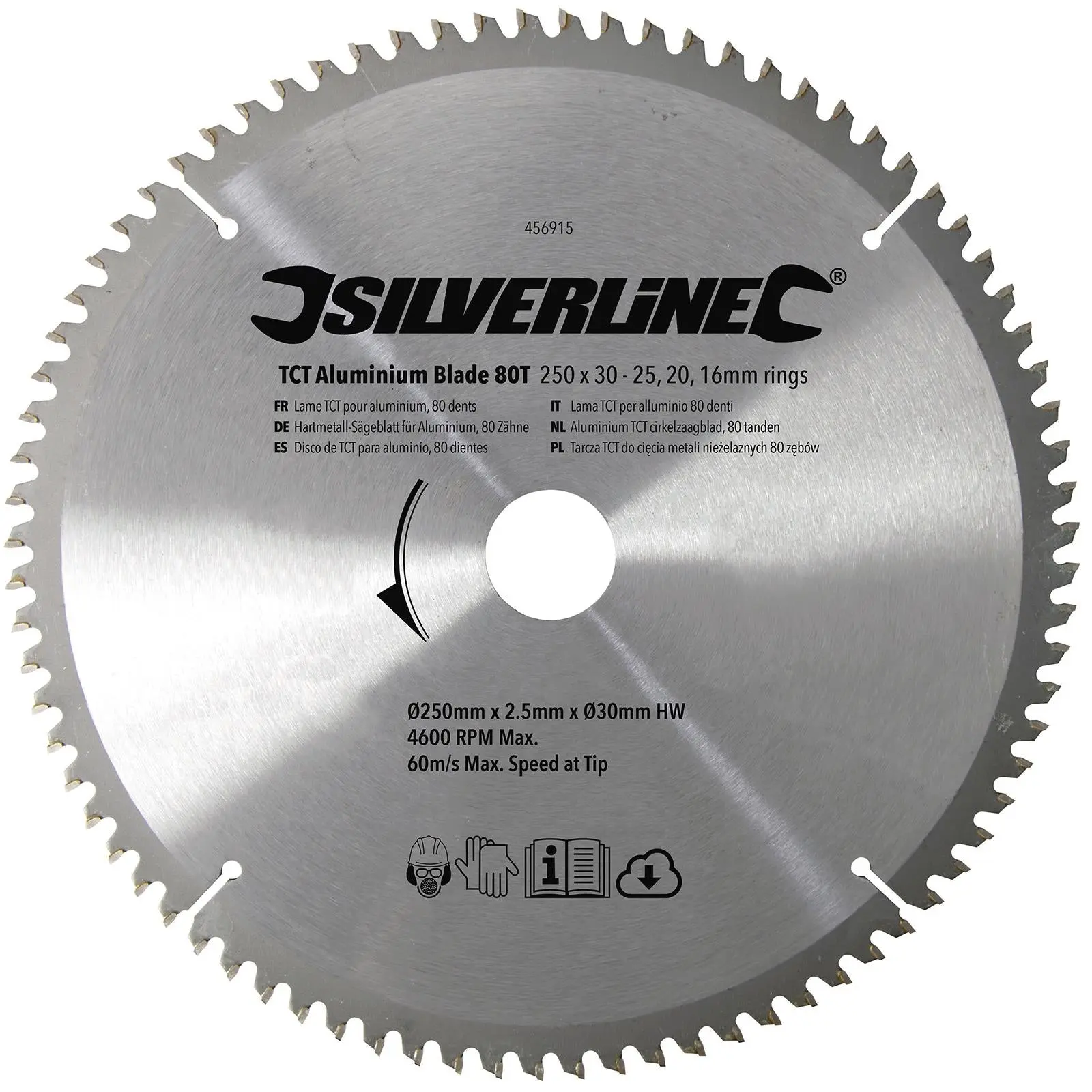 Silverline TCT Aluminium Circular Saw Blade 80T 250 x 30mm - 25 20 16mm Rings - Image 2