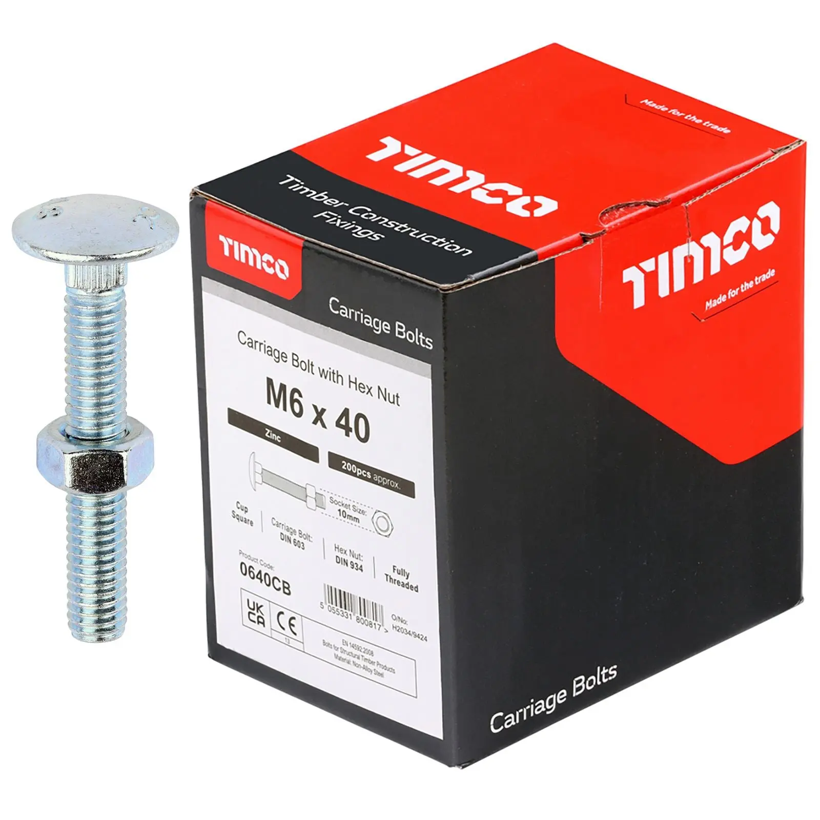 TIMCO Carriage Bolts with Hex Nuts 4.8 Grade Zinc Carbon Steel Boxed M6-M16 - Choose Size