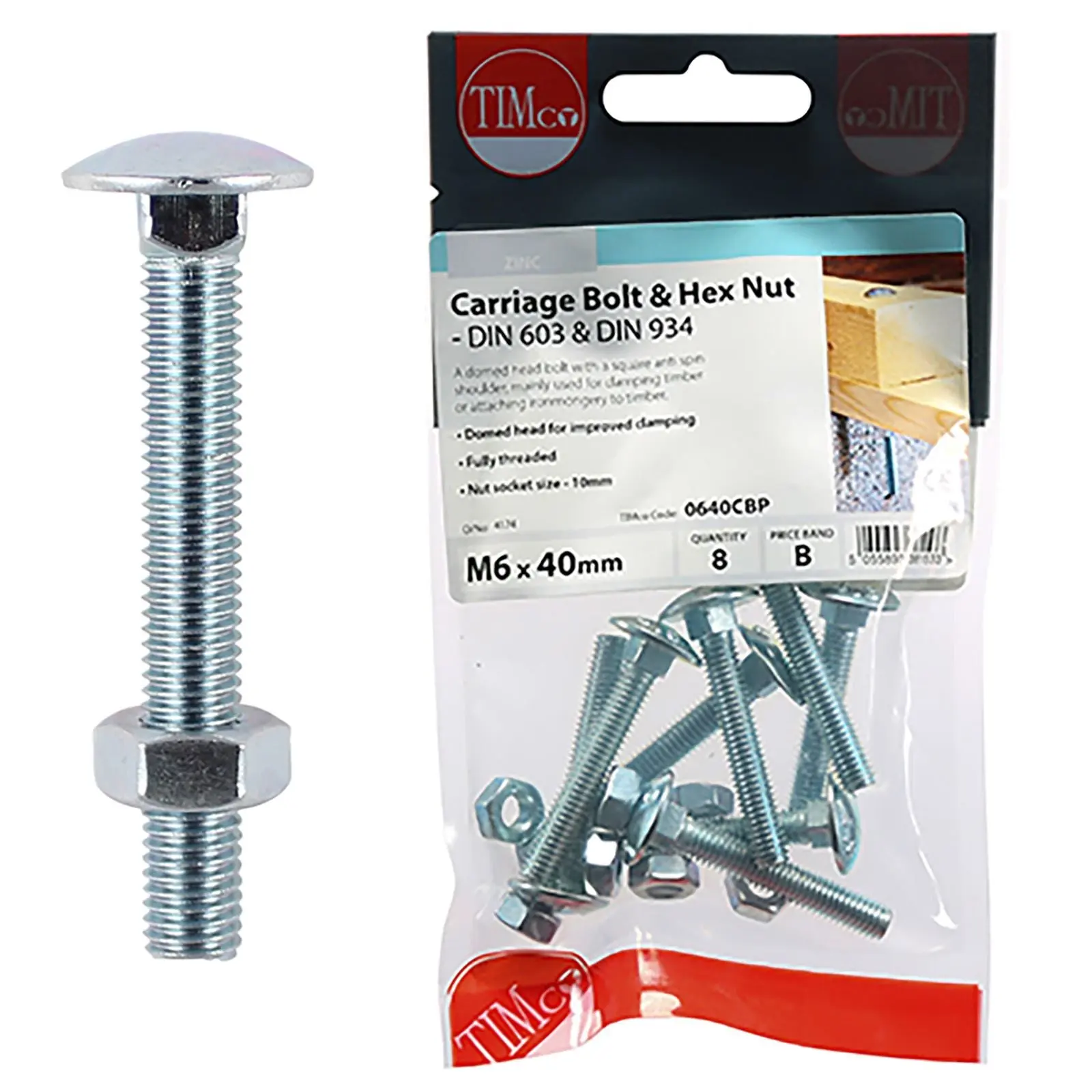 TIMCO Carriage Bolts with Hex Nuts 4.8 Grade Zinc Carbon Steel TIMpac M6-M12 - Choose Size - Image 3