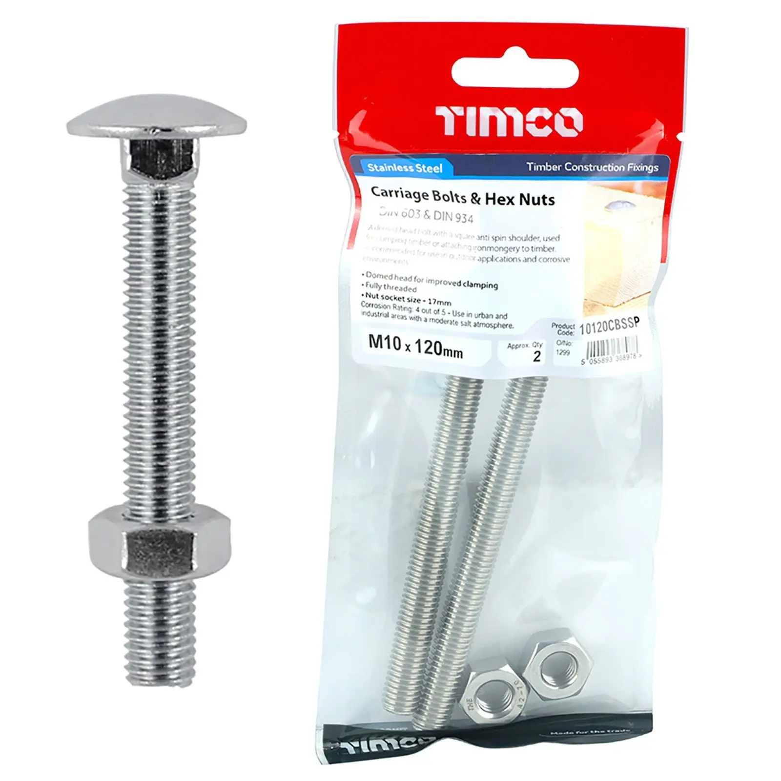 TIMCO Carriage Bolts with Hex Nuts A2 Austenitic Stainless Steel TIMpac M8-M12 - Choose Size - Image 3