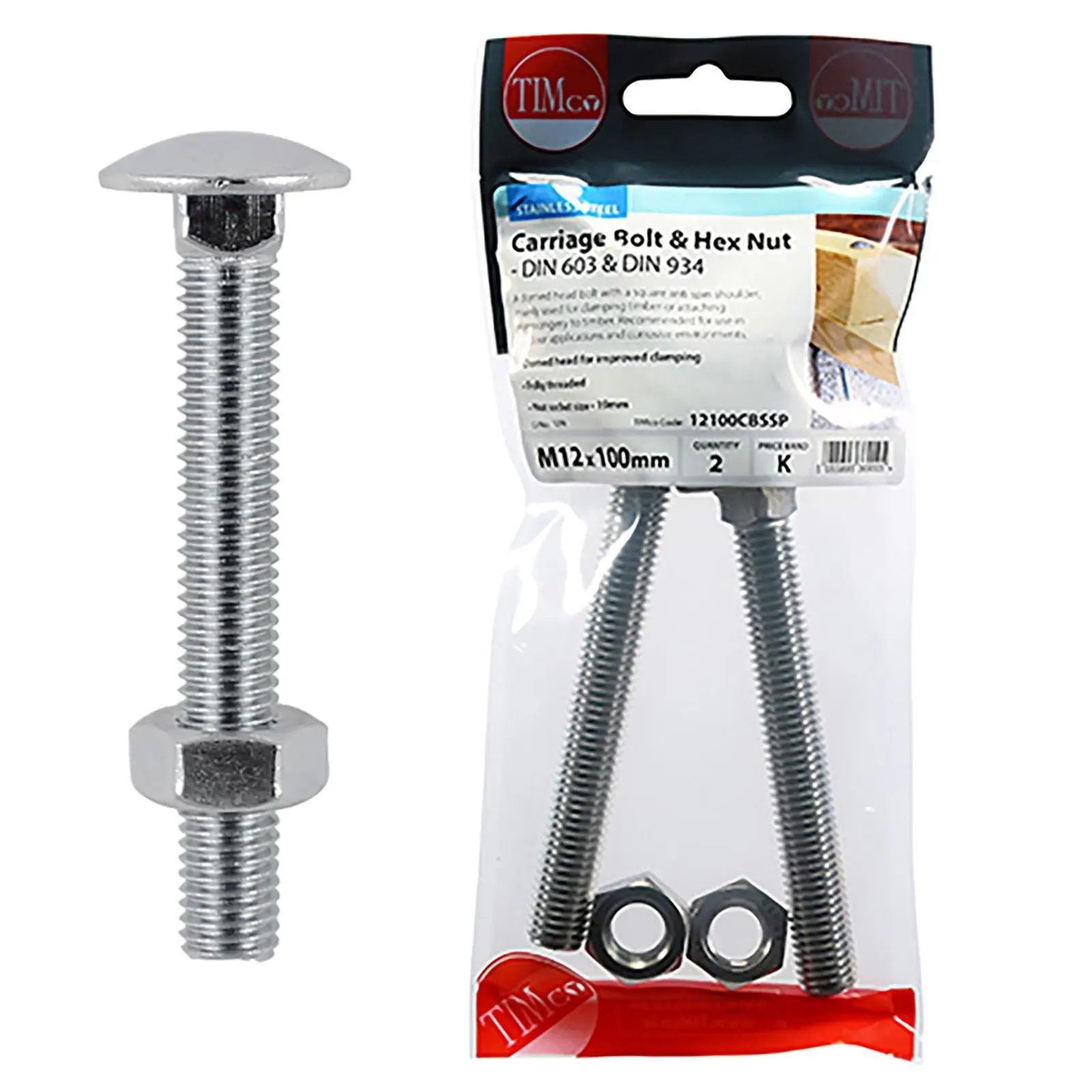 TIMCO Carriage Bolts with Hex Nuts A2 Austenitic Stainless Steel TIMpac M8-M12 - Choose Size - Image 5