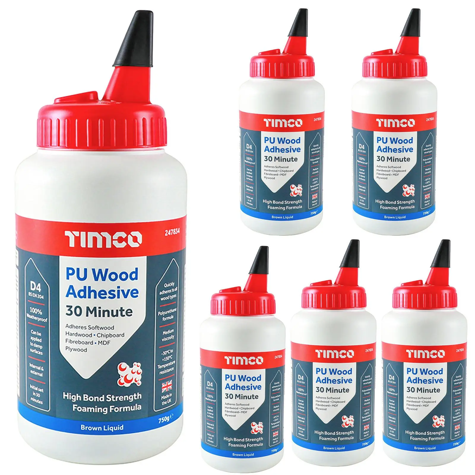 TIMCO PU Wood Adhesive Glue 30 Minute 750g Brown Liquid Bottle (6 Pack)