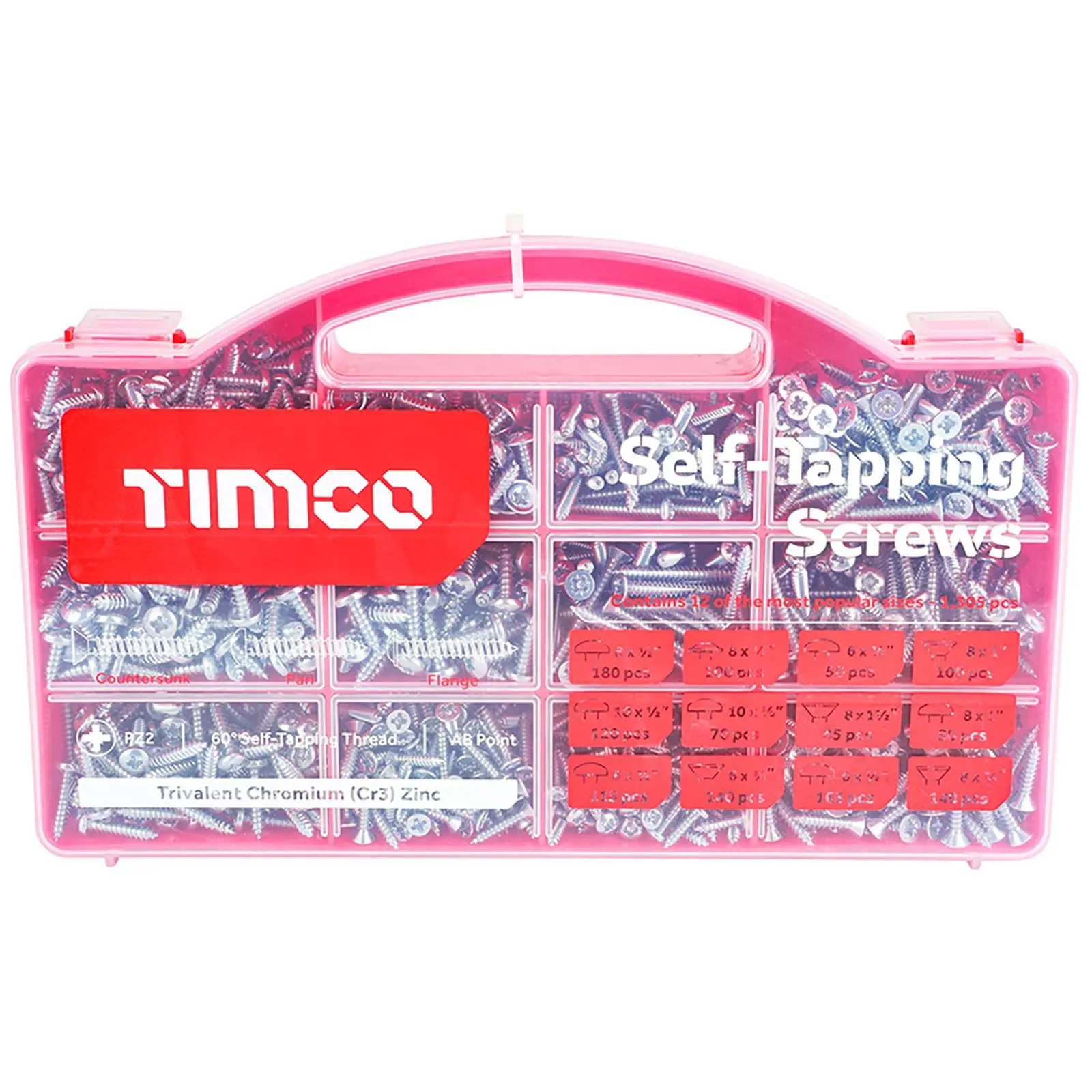 TIMCO Self Tapping Screws Mixed Assortment Tray Pan Countersunk Flange Head 1305 Screws - Image 3
