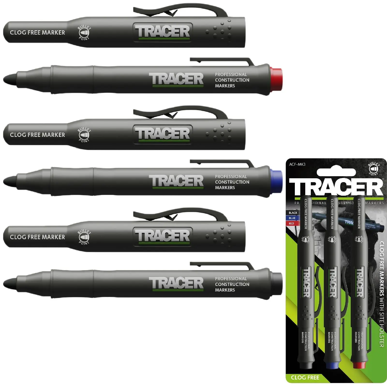 TRACER Clog Free Permanent Marker Kit 3 Piece Pack (Black Blue Red) comes with Site Holsters