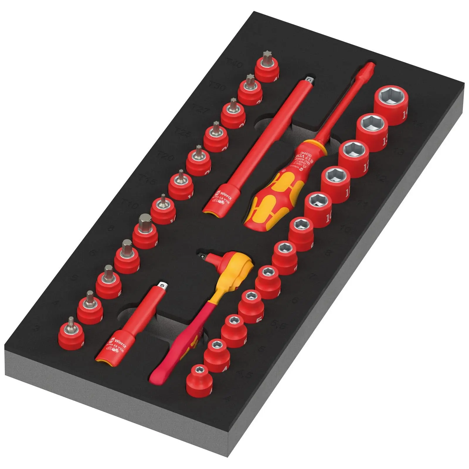 Wera 9727 Foam Insert 8007 A VDE Zyklop VDE Ratchet Set 1 Insulated 1/4" Drive 30 Pieces