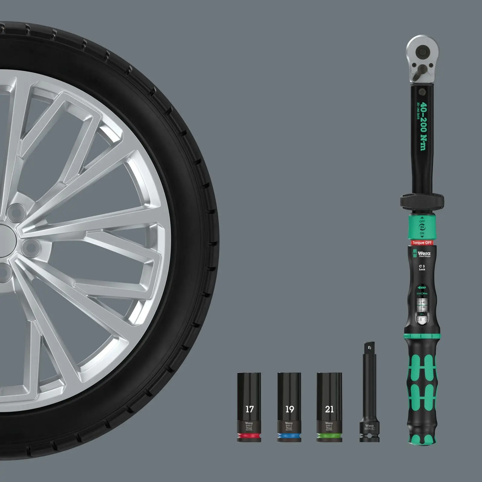 Wera Click Torque Lock C 3 Car Wheel Change Set 1 Reversible Ratchet Torque Wrench 6 Pieces - Image 3