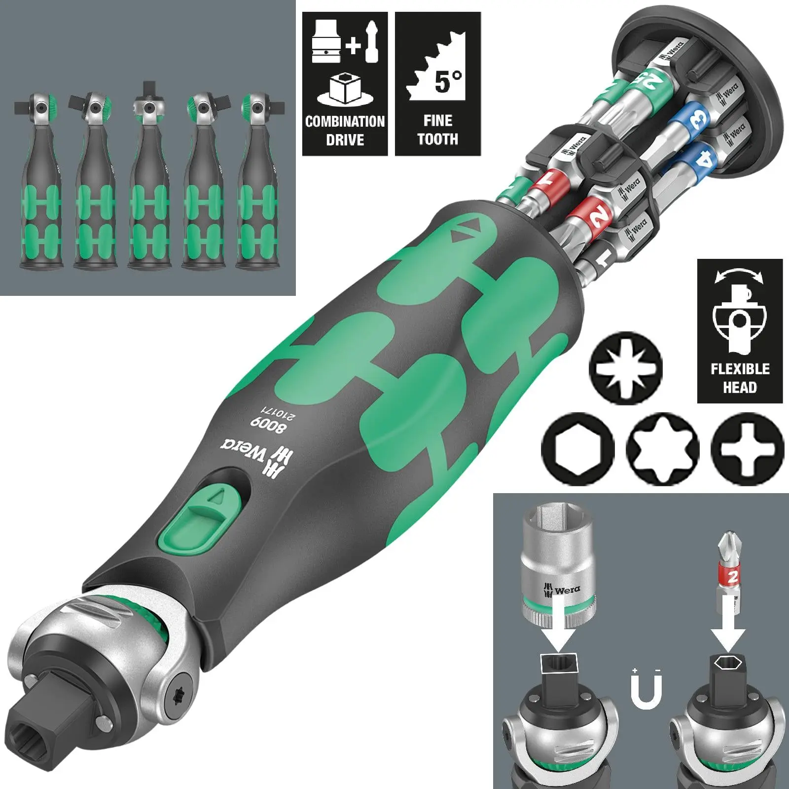 Wera Compact Screwdriver Socket Wrench Zyklop Pocket Set 1 13 Pieces 8009 3/8" Drive 1/4" Hex