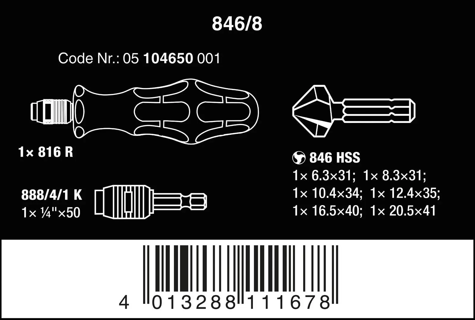 Wera Countersink Bit Set 3-Flute 8 Piece 846/8 with Screwdriver and Rapidaptor Bit Holder - Image 3
