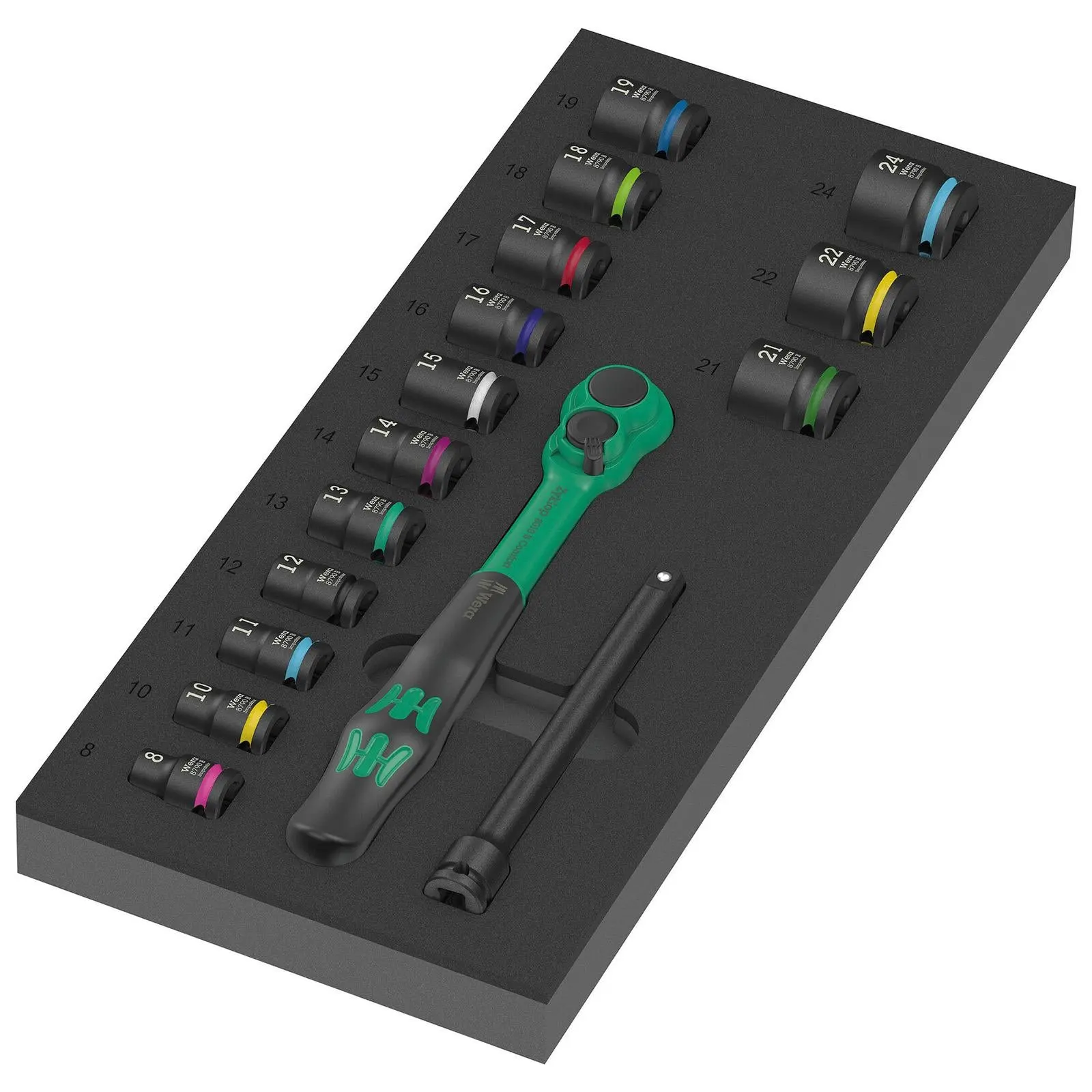 Wera Foam Insert Ratchet Wrench Socket Set 8010 B Zyklop Comfort Ratchet Set 1 3/8" Drive 9724 16 Pieces - Image 4