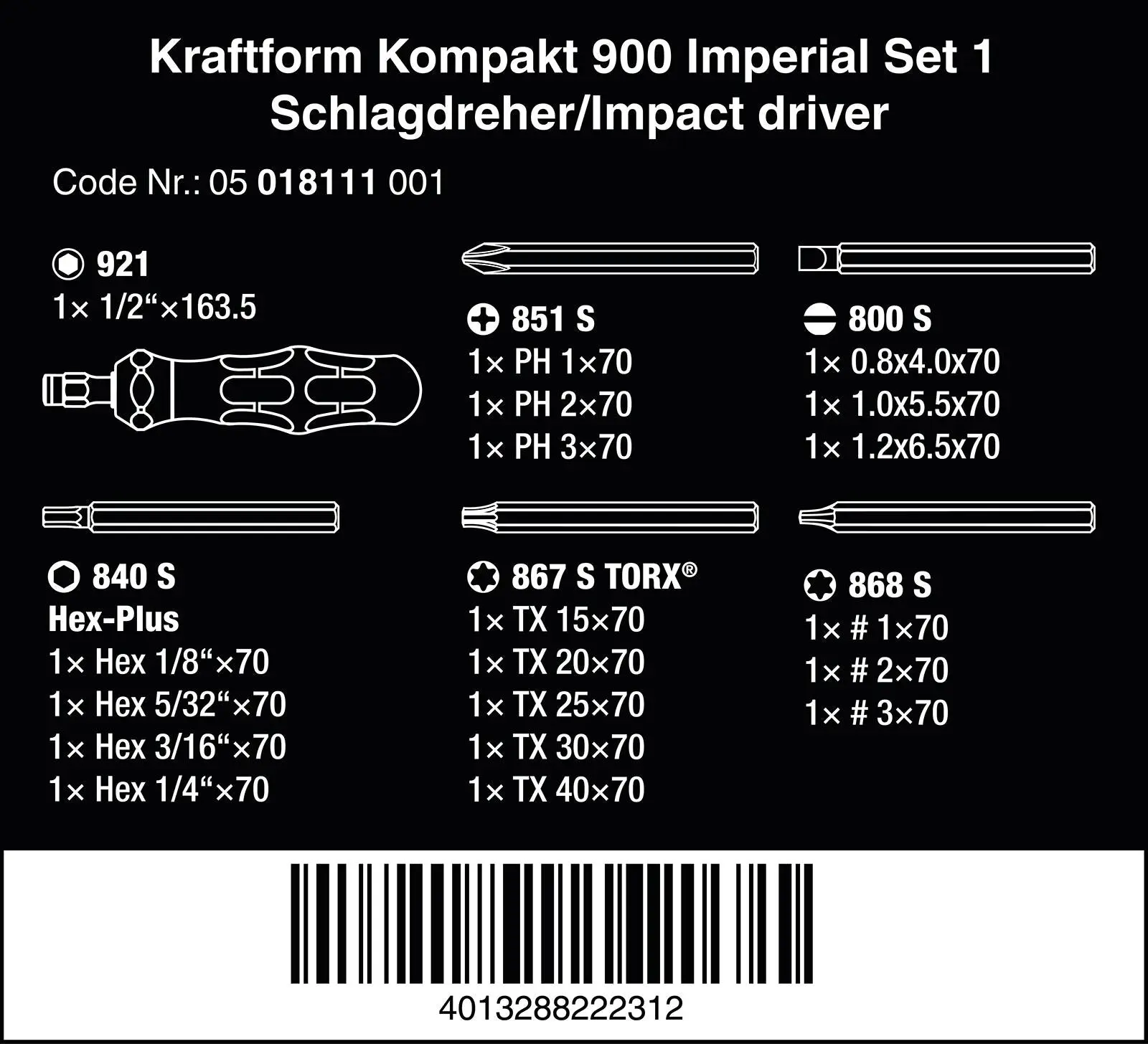 Wera Impact Screwdriver Kraftform Kompakt 900 Imperial Set 1 19 Pieces in Case - Image 12