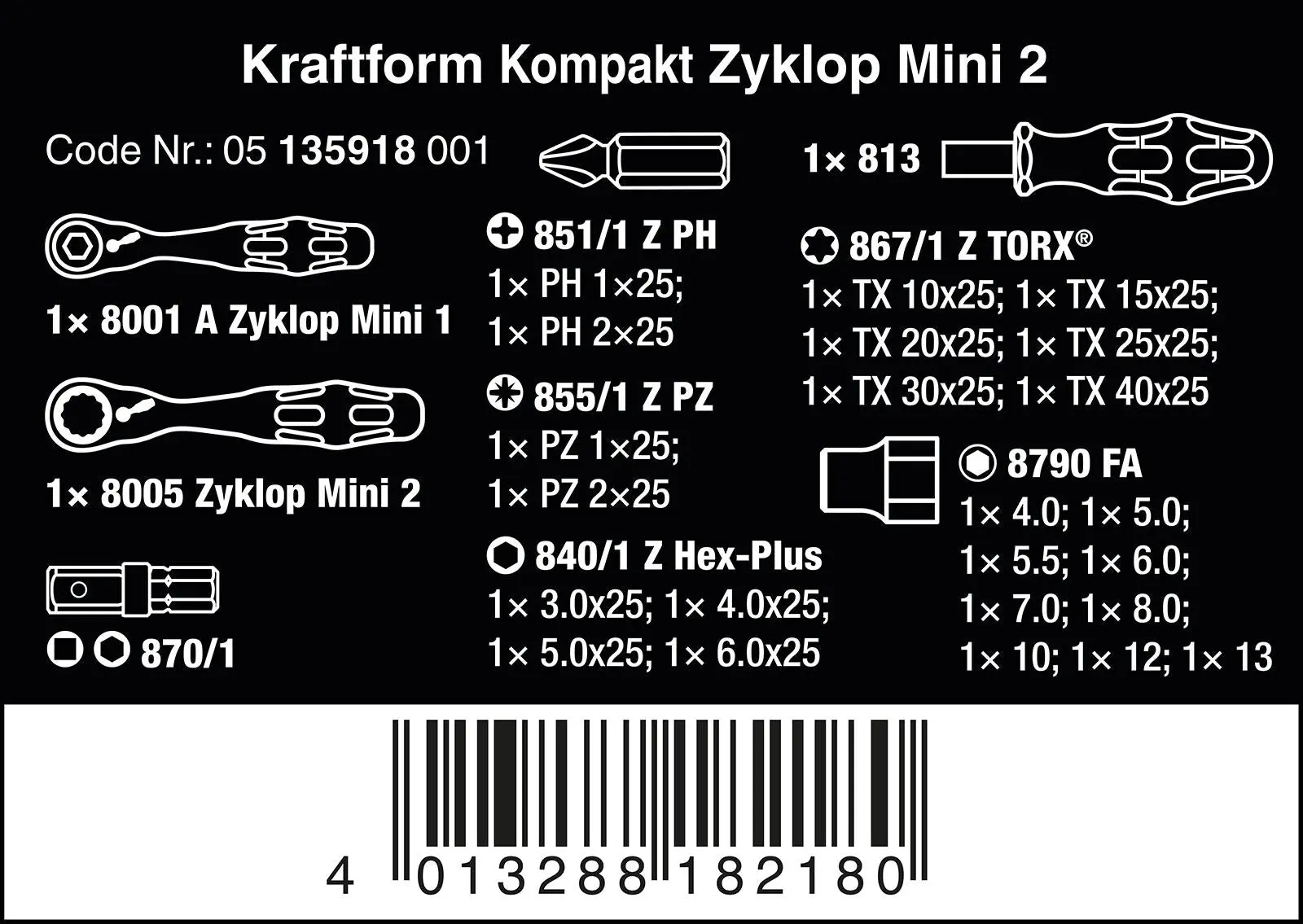 Wera Screwdriver Bit and Socket Set 27 Piece Kraftform Kompakt Zyklop Mini 2 1/4" Hex 1/4" Square Drive - Image 4