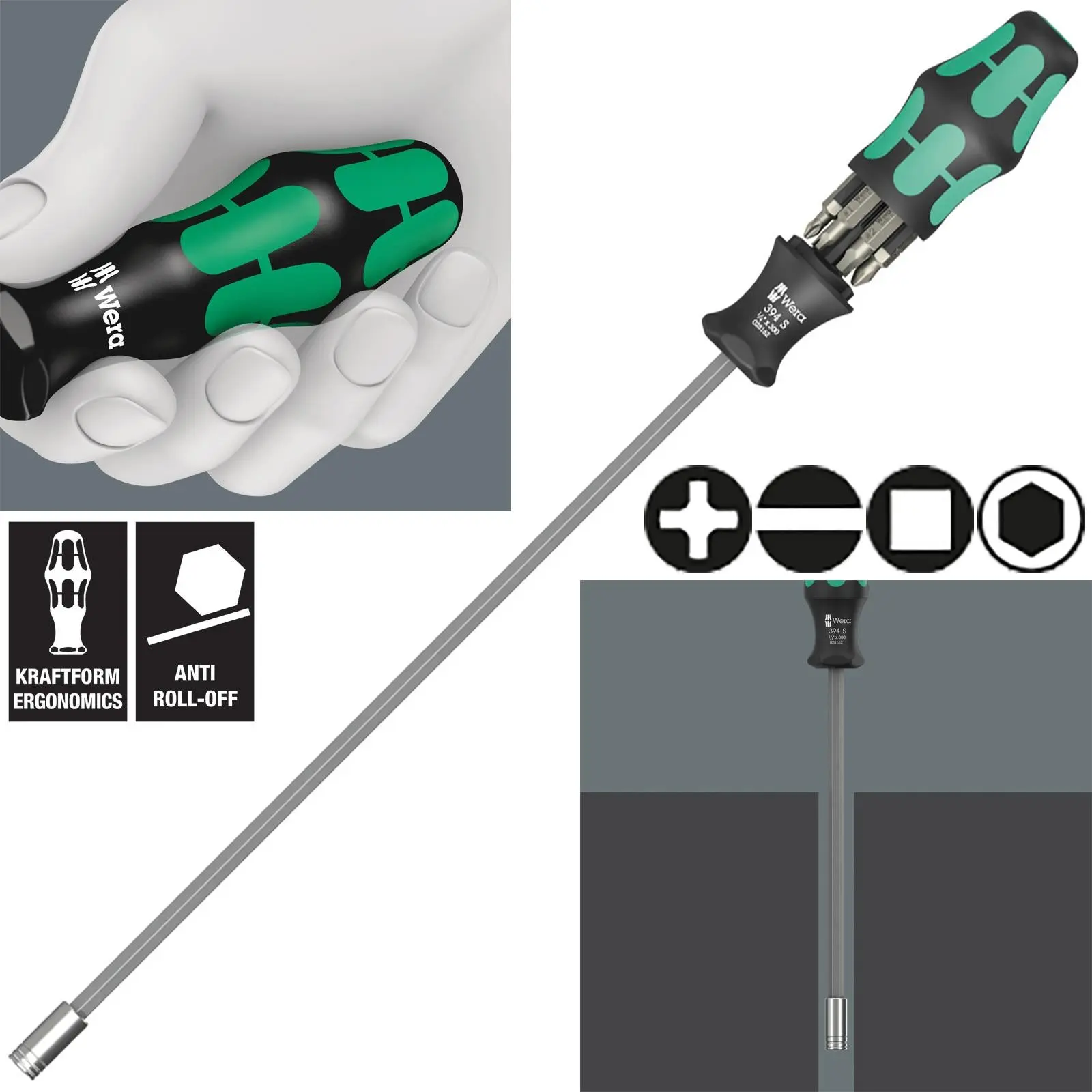 Wera Screwdriver Set 1/4" Hex 300mm Kraftform Kompakt KK 27 XL Universal Imperial Set 1 7 Pieces PH SL SQ