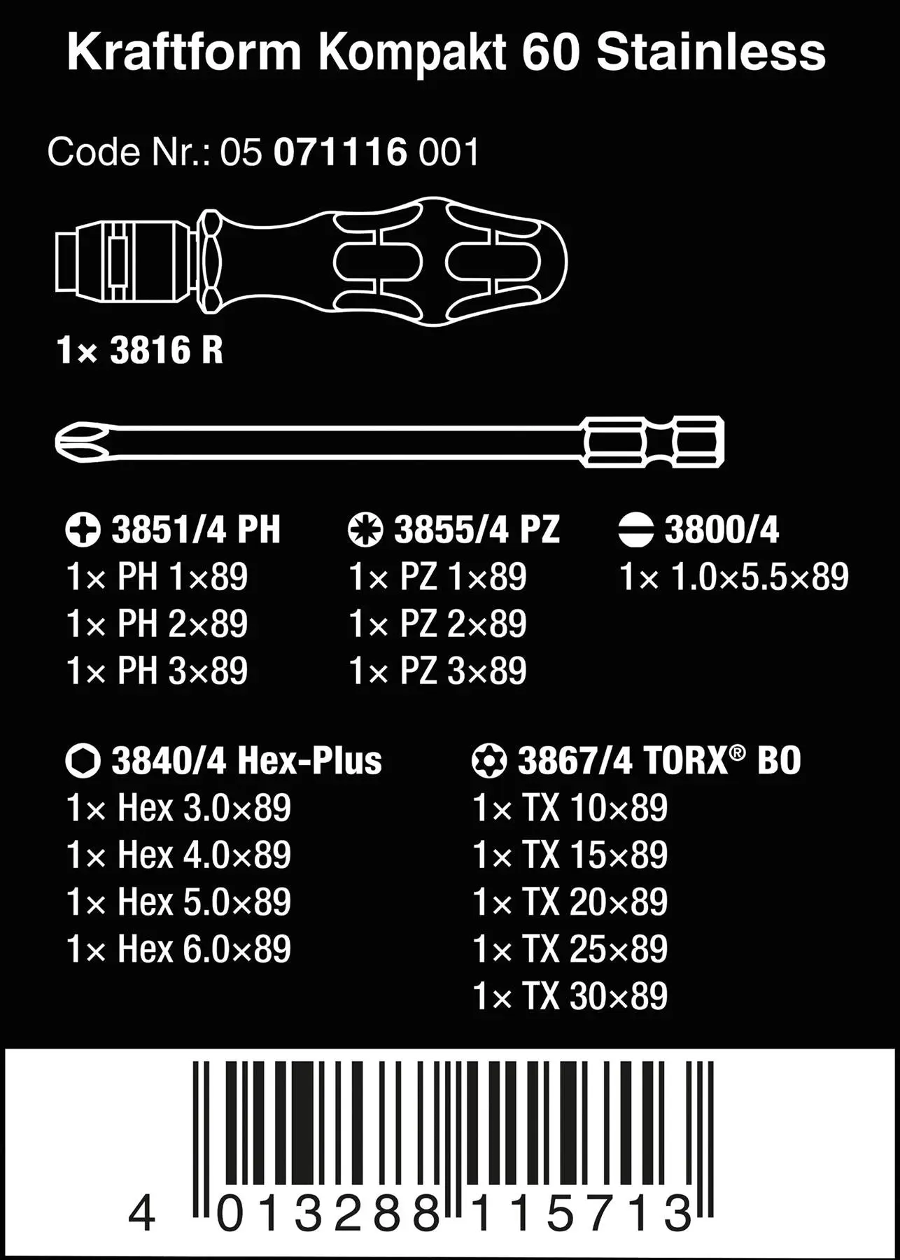 Wera Screwdriver Set Interchangable Stainless Steel Blades 17 Piece Kraftform Kompakt 60 - Image 8